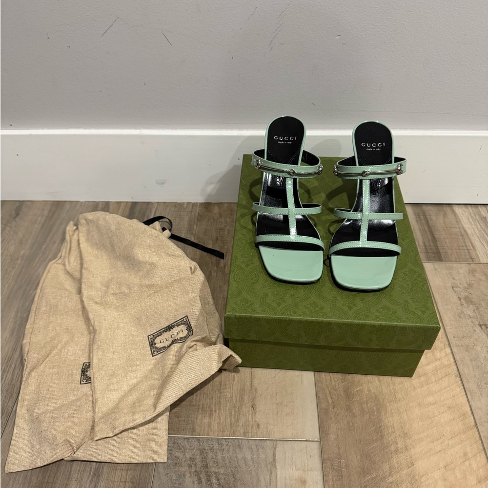 Gucci Regent Slim Horsebit 38./ US 8.5 Heels Pacific Green Leather NIB $990